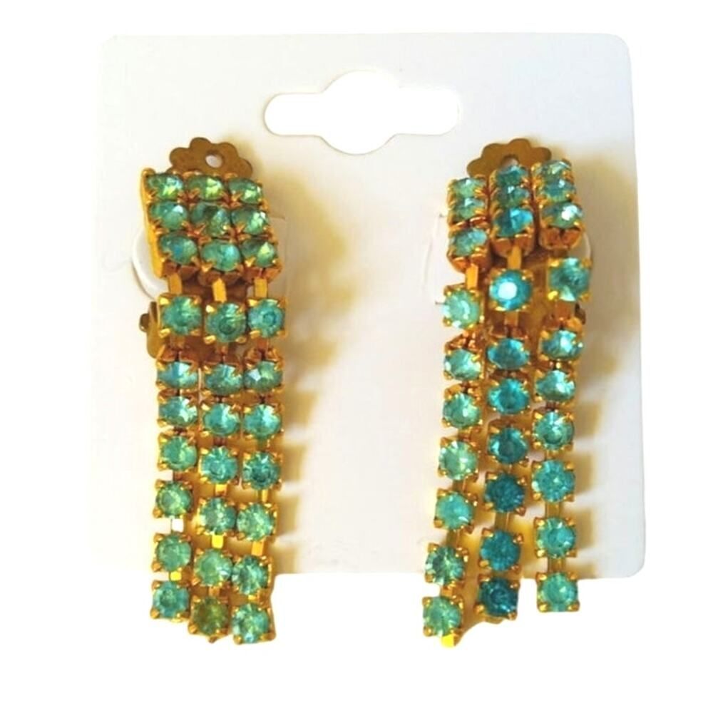 Vintage Blue Green Round Cut Rhinestones Triple Dangle Drop Earrings Gold Clip